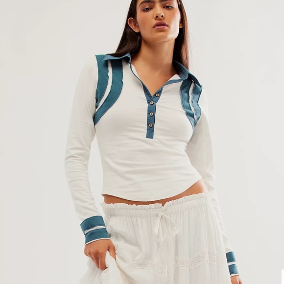 Free People Tops - Free People White and Teal Long Sleeve Top